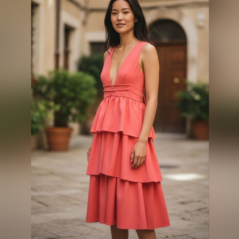 ASOS Coral Tiered Dress ✨️ Size 6 Petite Midi Brand New( $215)